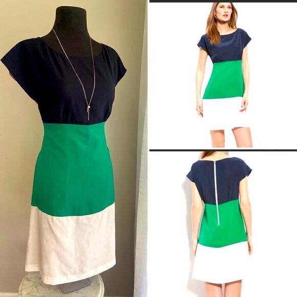 ELIZA J Colorblock Bold Striped Silk Crêpe de Chine Dress Navy Green Size 6 - Picture 1 of 12